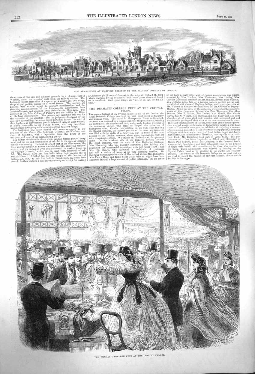 Old Antique Print 1864 Almshouses Watford Dramatic College Crystal Palace 19th
