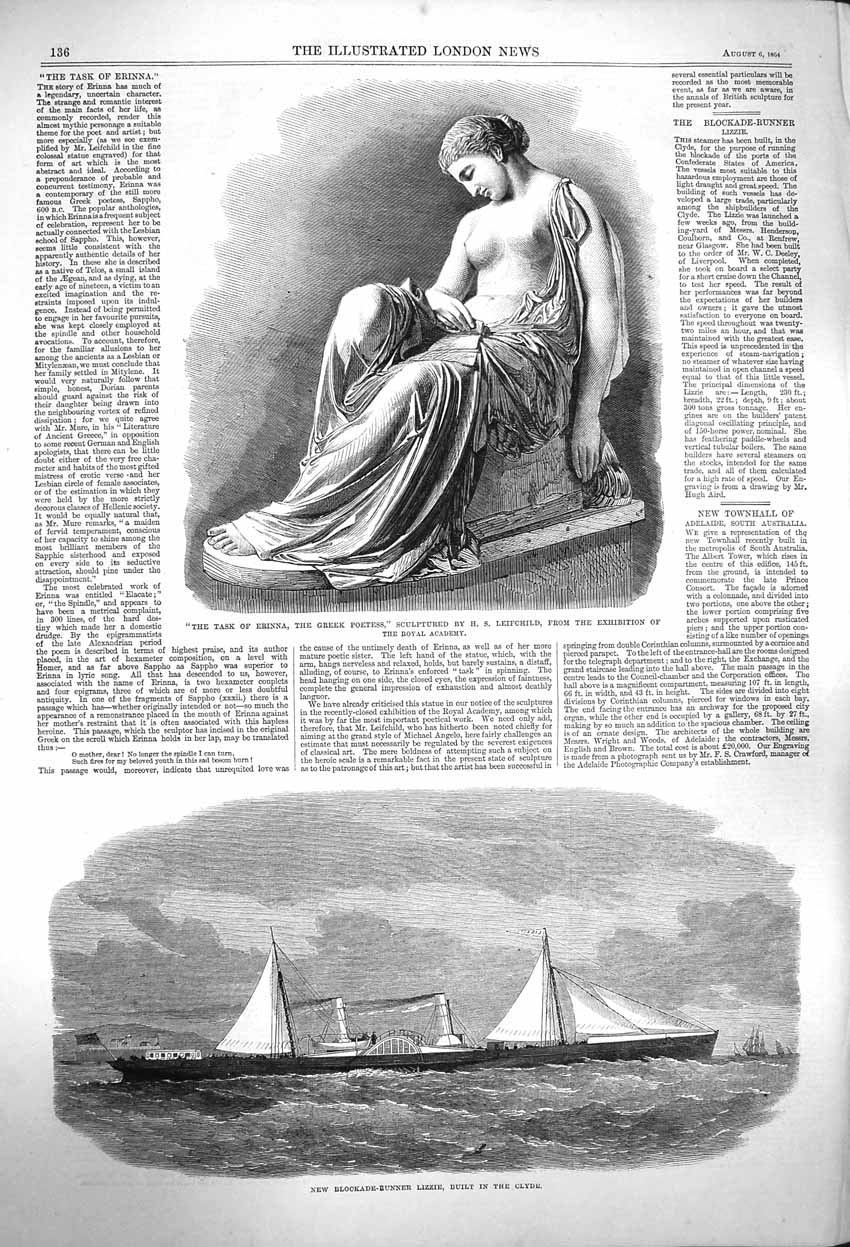 Original Old Antique Print 1864 Task Erinna Greek Poetess Sculpture Lizzie Ship