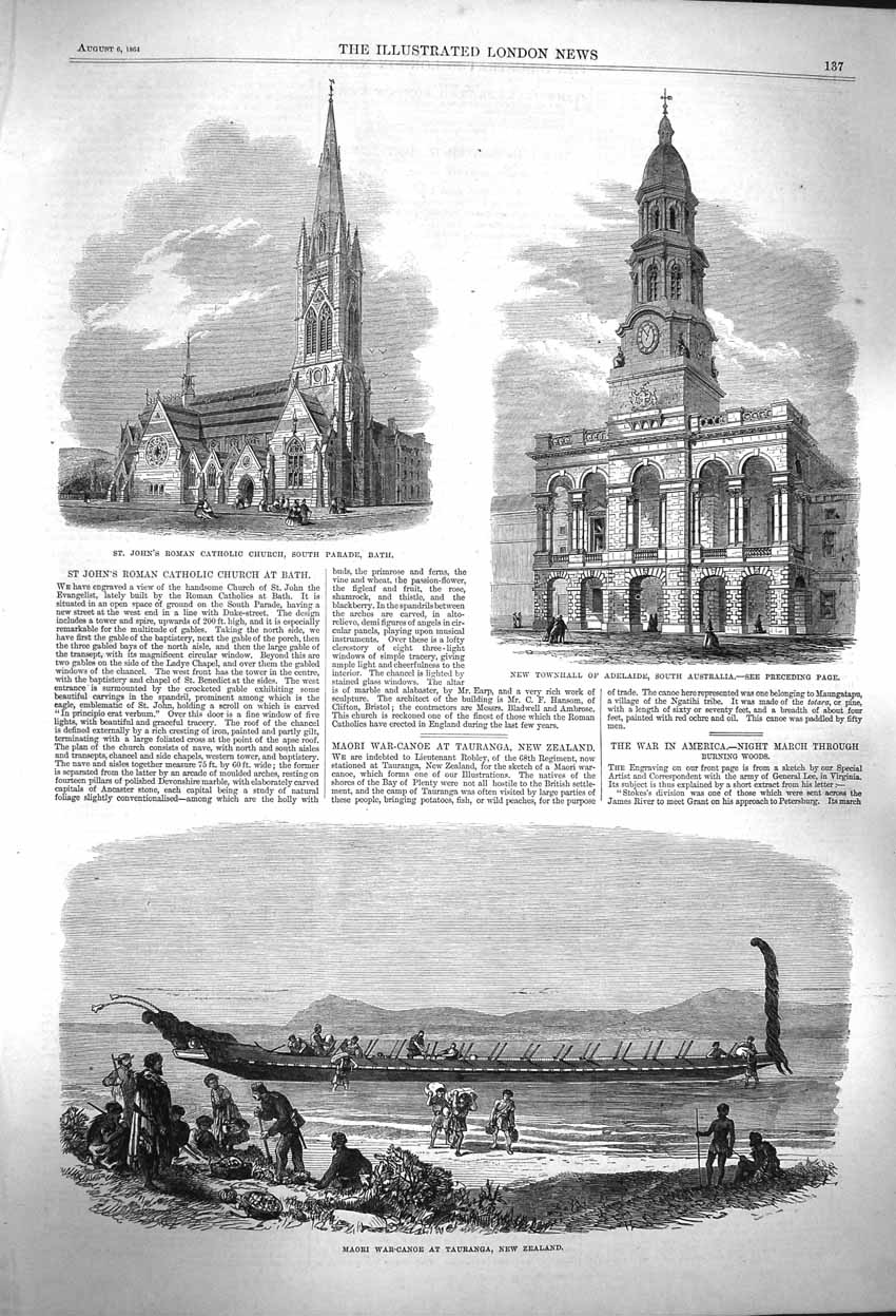Original Old Antique Print 1864 Catholic Church Bath Australia Maori War-Canoe