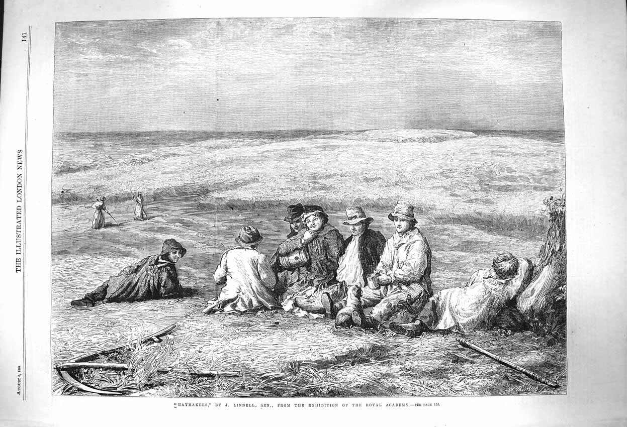 Original Old Antique Print 1864 Haymakers Agriculture Farming Linnell Victorian