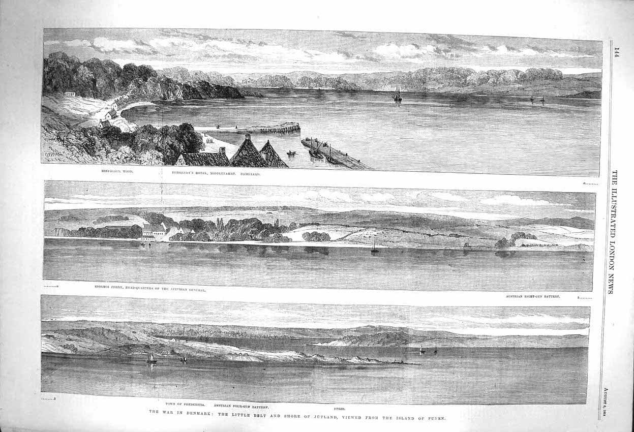 Antique Print *3921 1864 War Denmark Jutland Island Funen Damgaard Snoghoi