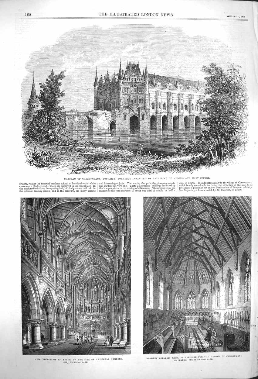 Old Antique Print 1864 Chateau Chenonceaux Touraine Church Bromley Kent 19th