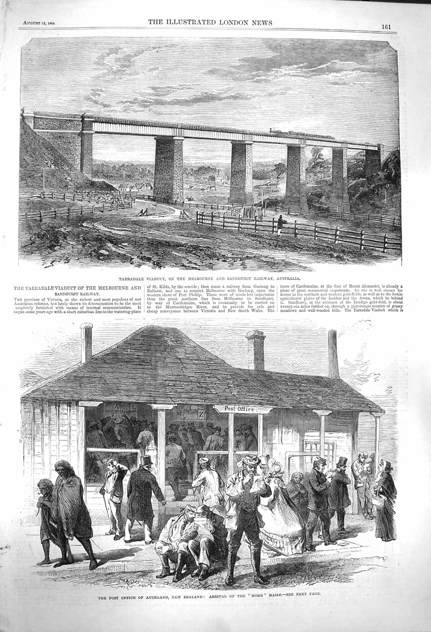 Original Old Antique Print 1864 Tarradale Viaduct Australia Post Office Zealand