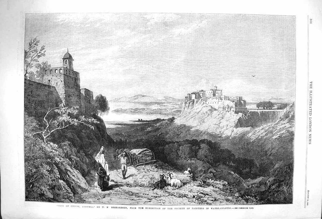 Old Antique Print 1864 City Chiusi Etruria Goats Architecture Richardson 19th