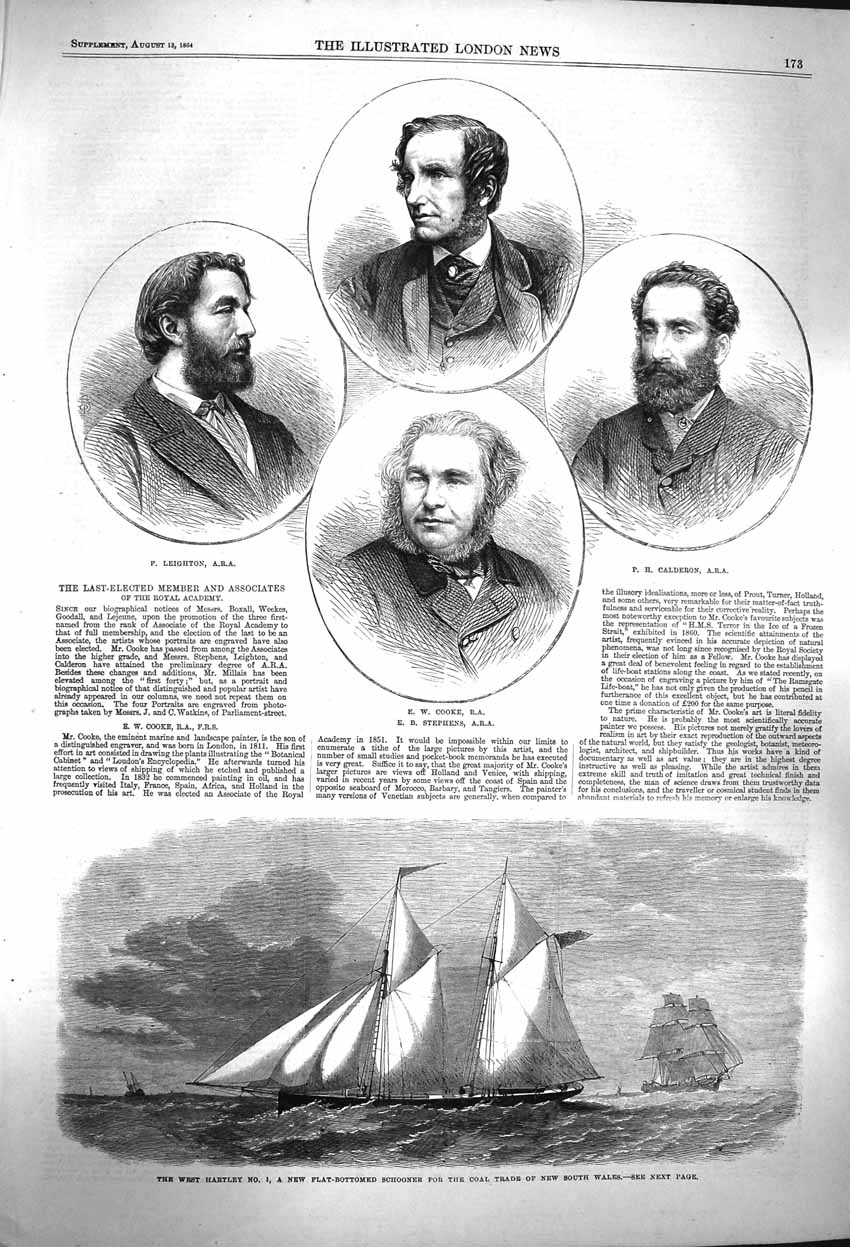 Original Old Antique Print 1864 West Hartley Schooner Cooke Stephens Leighton