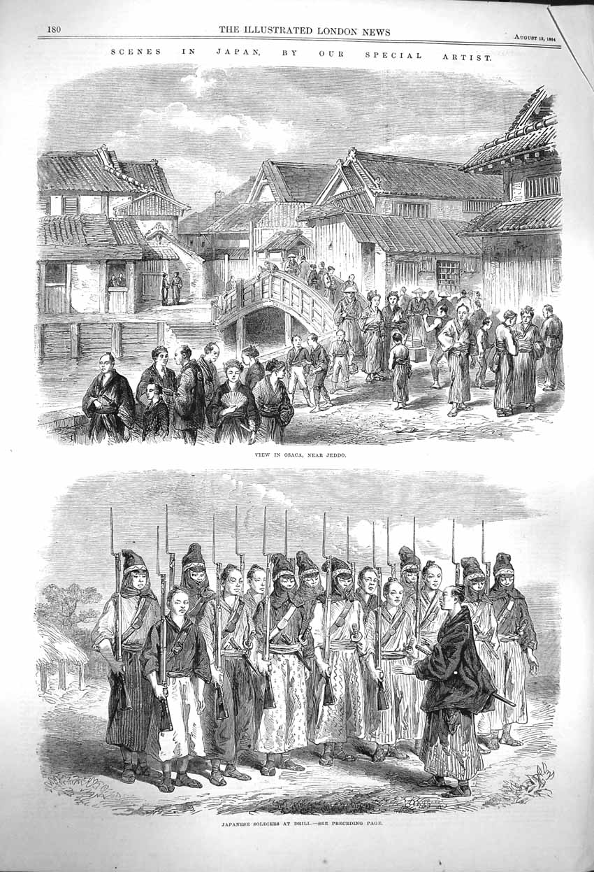 Original Old Antique Print 1864 Japan Osaca Jeddo Japanese Siers Drill Army
