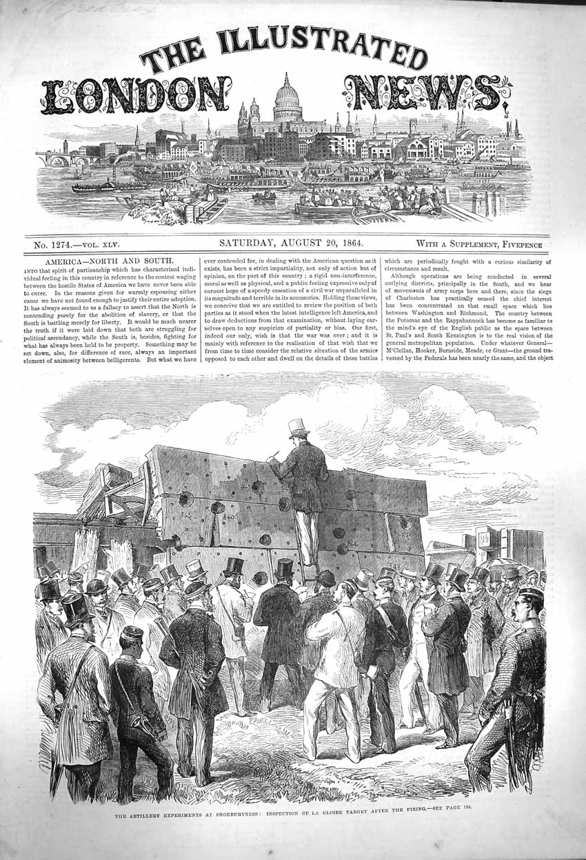 Antique Old Print *3923 1864 Artillery Experiments Shoeburyness Gloire Target