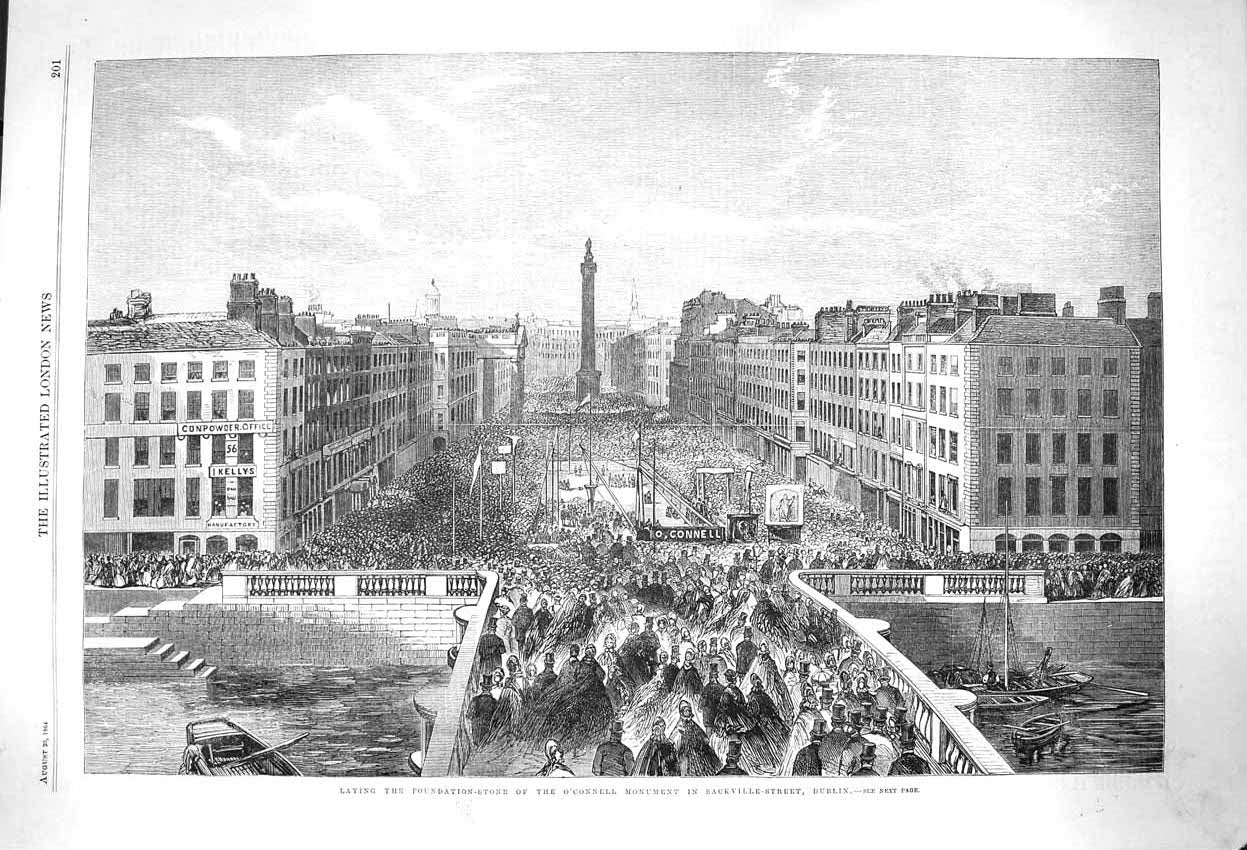 Old Antique Print 1864 O'Connell Monument Sackville-Street Dublin Ireland 19th