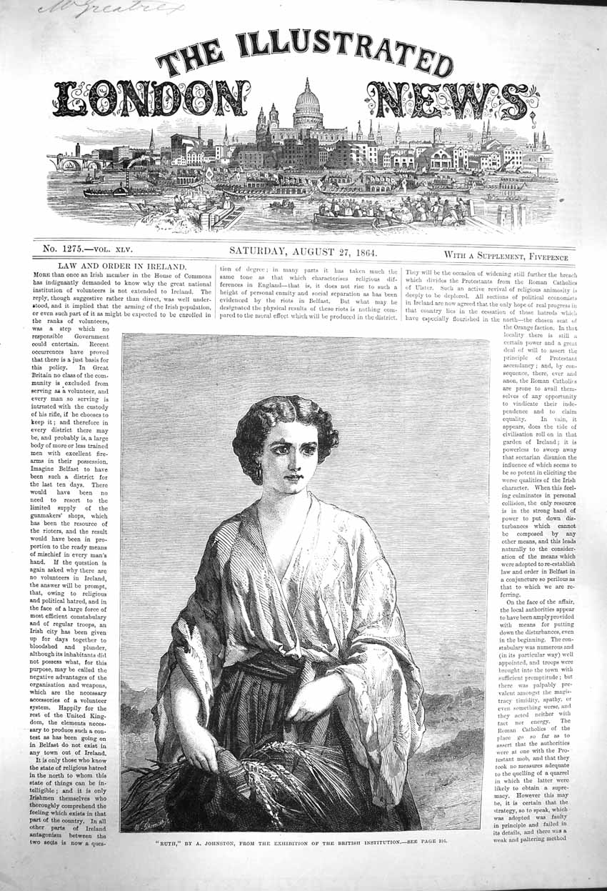 Original Old Antique Print 1864 Portrait Ruth Beautiful Lady Johnston Victorian