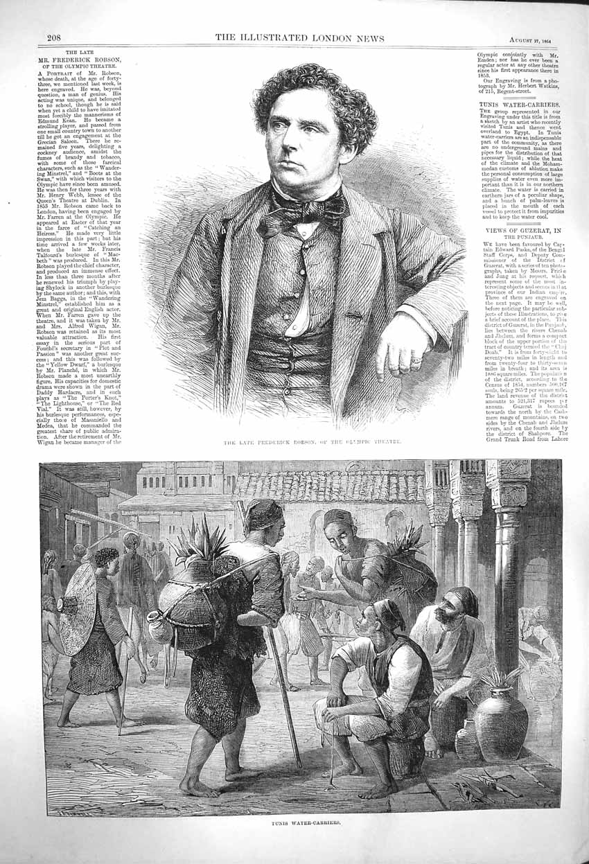Original Old Antique Print 1864 Frederick Robson Theatre Tunis Water-Carriers