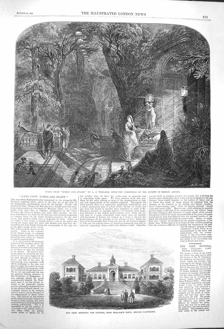 Old Antique Print 1864 Romeo Juliet Grey Hospital King William Kaffraria 19th