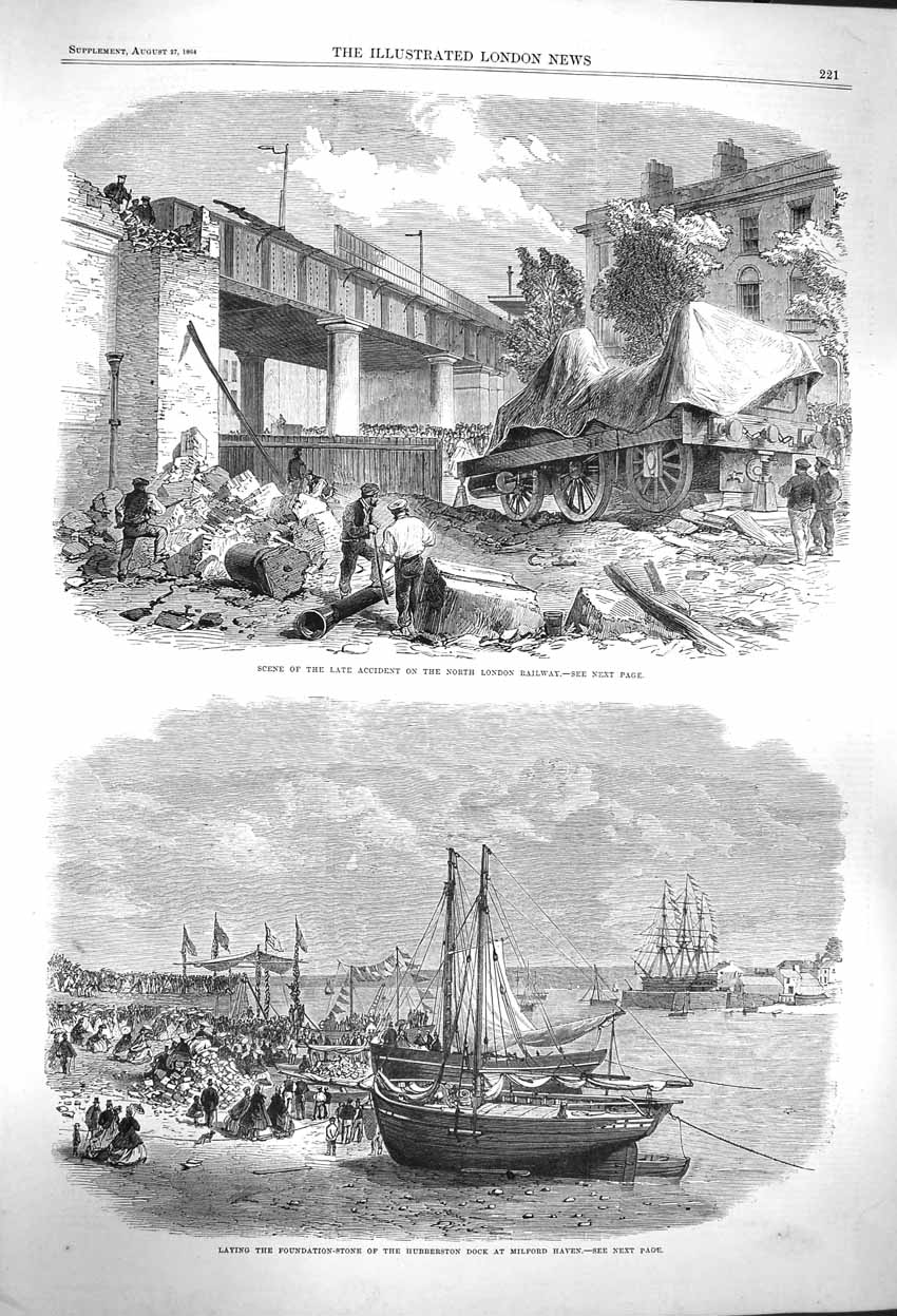 Original Old Antique Print 1864 Train Crash London Railway Hubbertson Milford