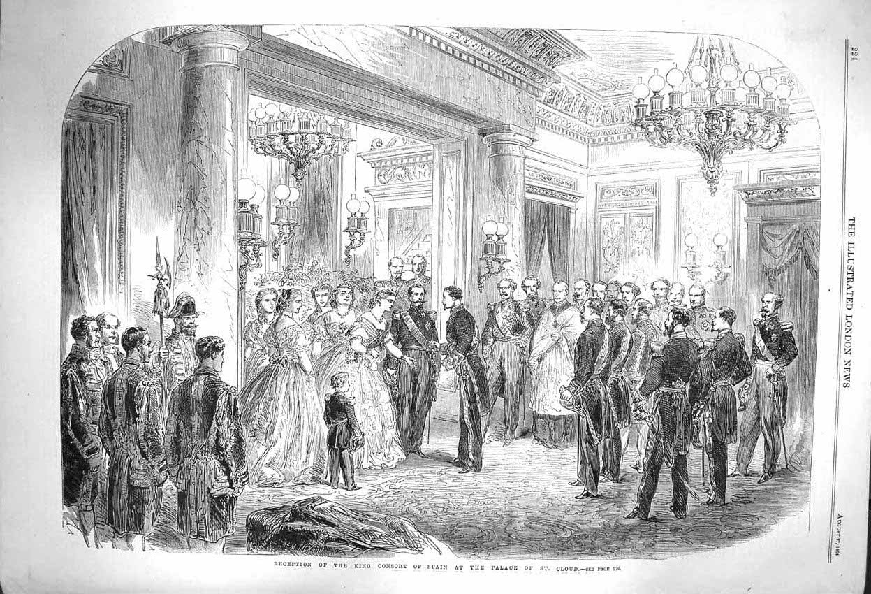 Antique Old Print *3924 1864 Reception King Consort Spain Palace St. Cloud