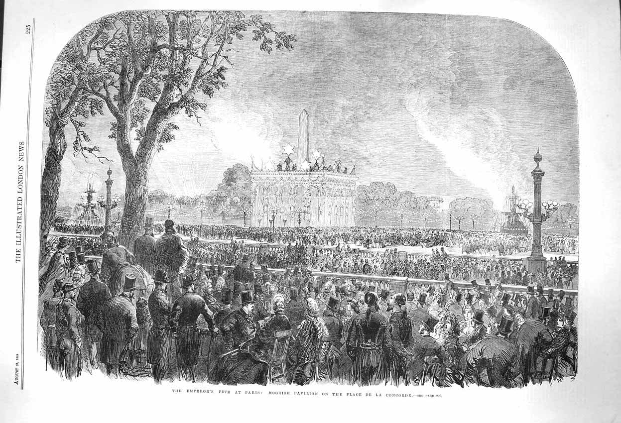 Original Old Antique Print 1864 Emperor'S Fete Paris Moorish Pavilion Concorde