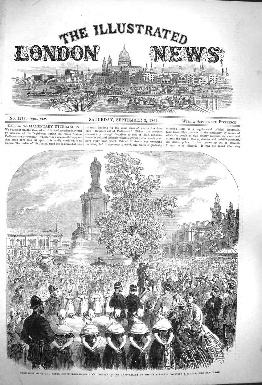 Original Old Antique Print 1864 Prince Consort Horticultural Society Gardens