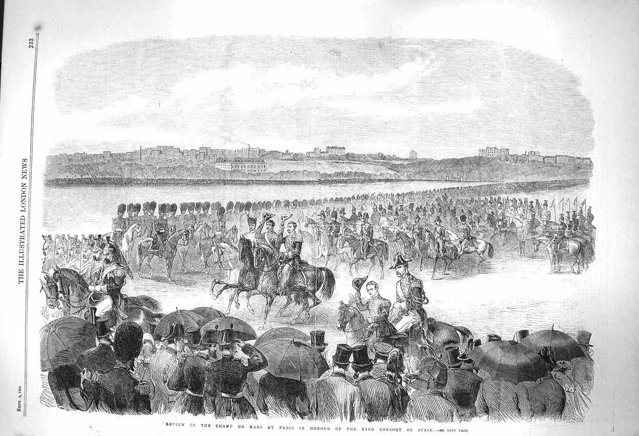 Original Old Antique Print 1864 Review Champ De Mars Paris France King Consort