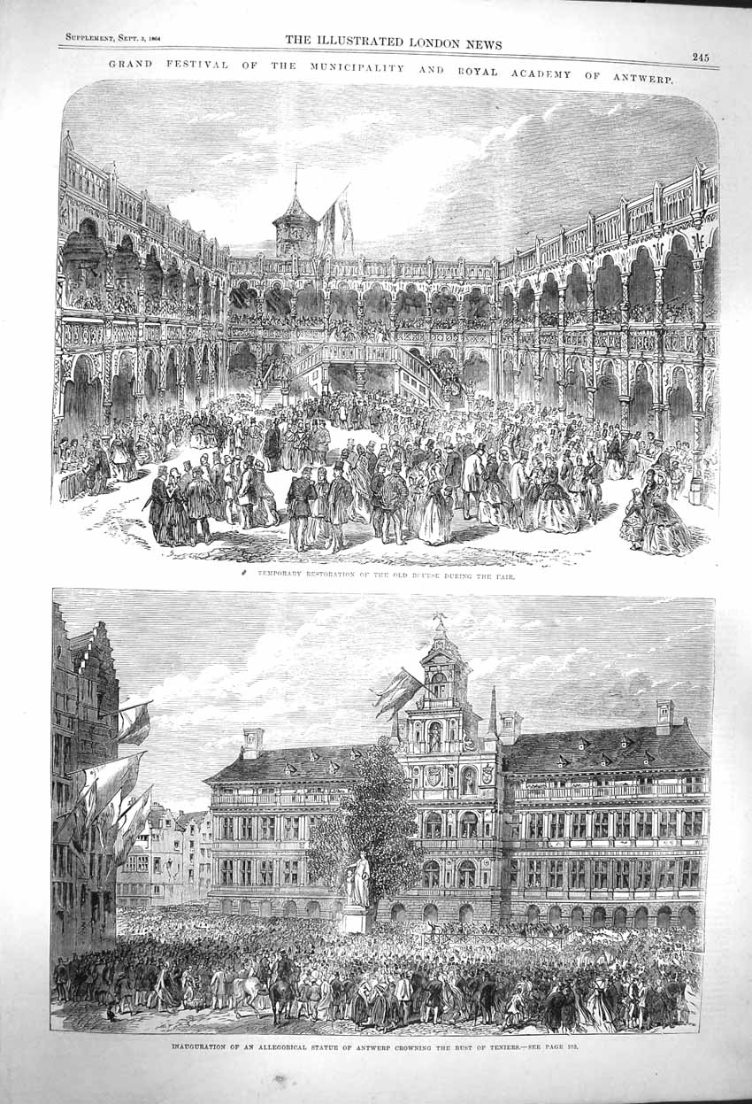 Original Old Antique Print 1864 Festival Academy Antwerp Bourse Bust Teniers
