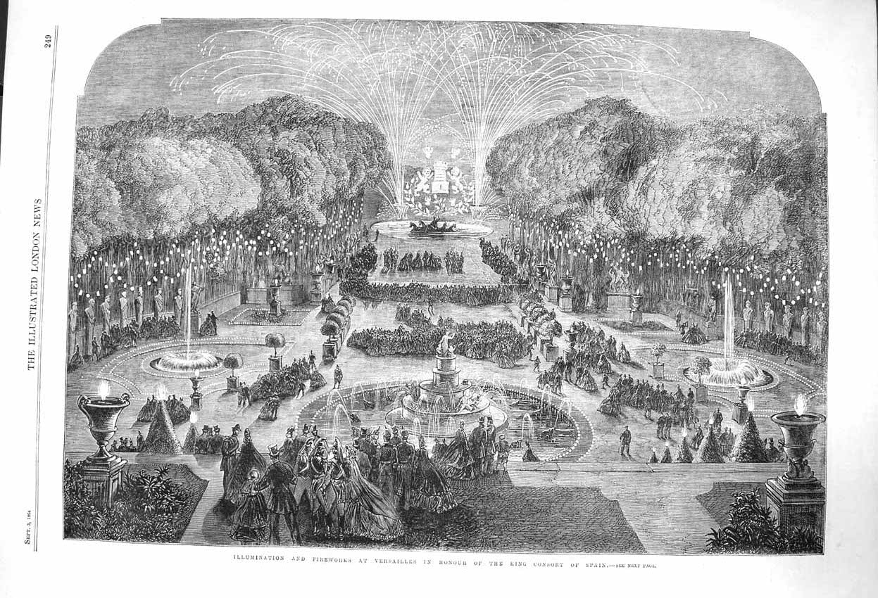 Old Antique Print 1864 Fireworks Versailles King Consort Spain Fine Art 19th