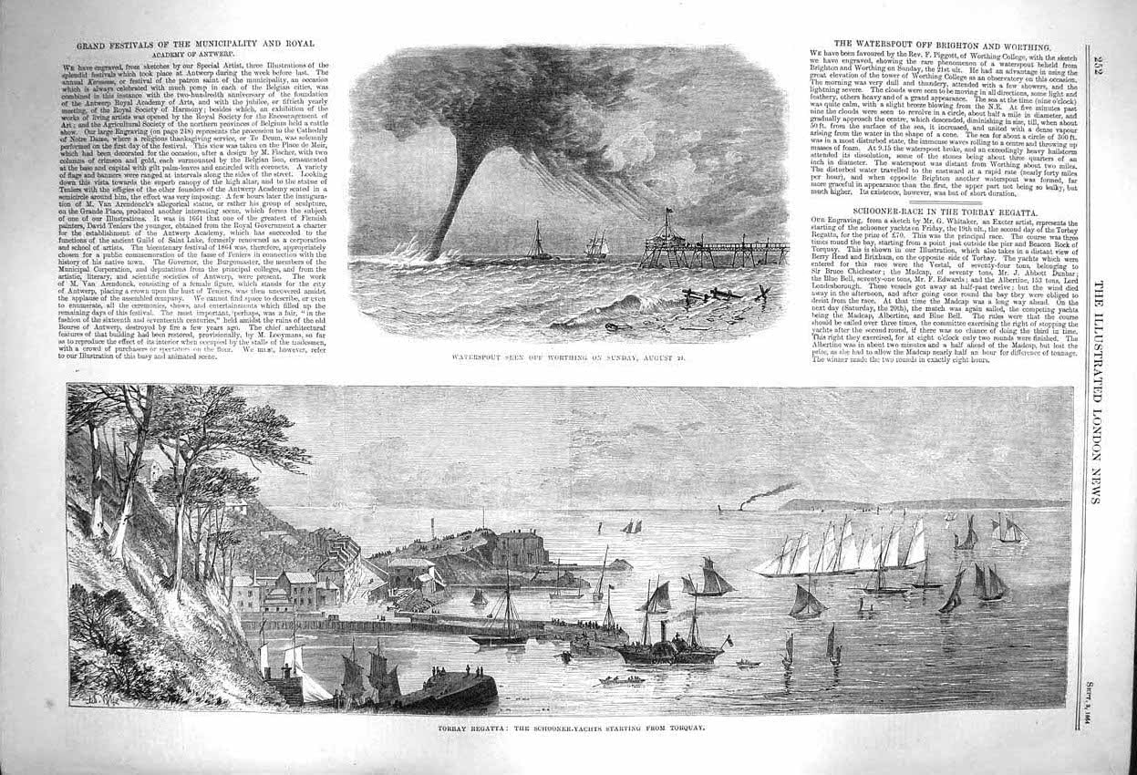 Original Old Antique Print 1864 Waterspout Worthing Torbay Regatta Ships Yachts