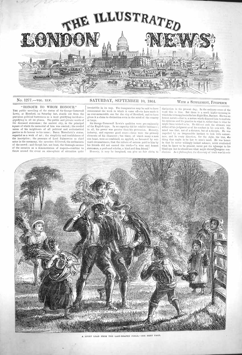 Original Old Antique Print 1864 Farming Agriculture Reaping Field Children 19th