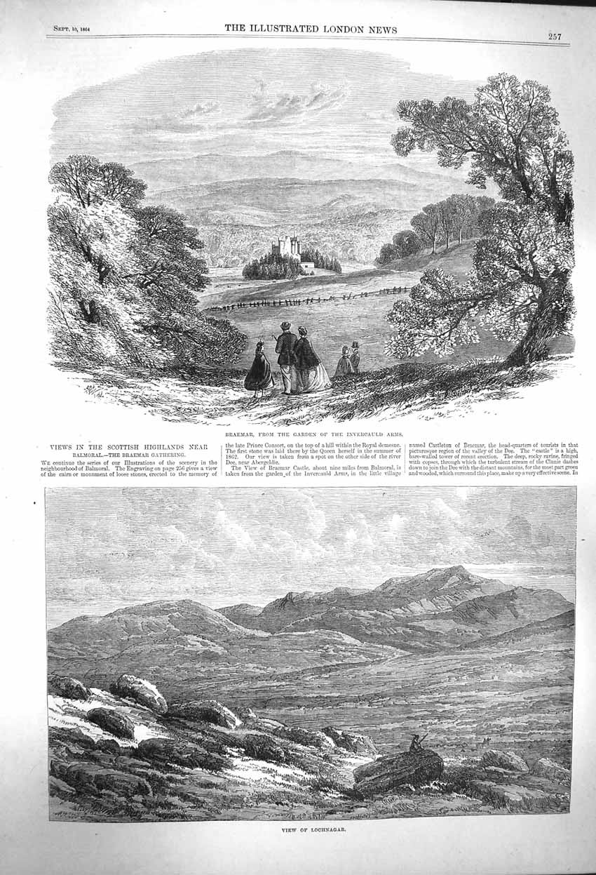 Old Antique Print 1864 Gardens Invercauld Arms Braemar Castle Lochnagar 19th