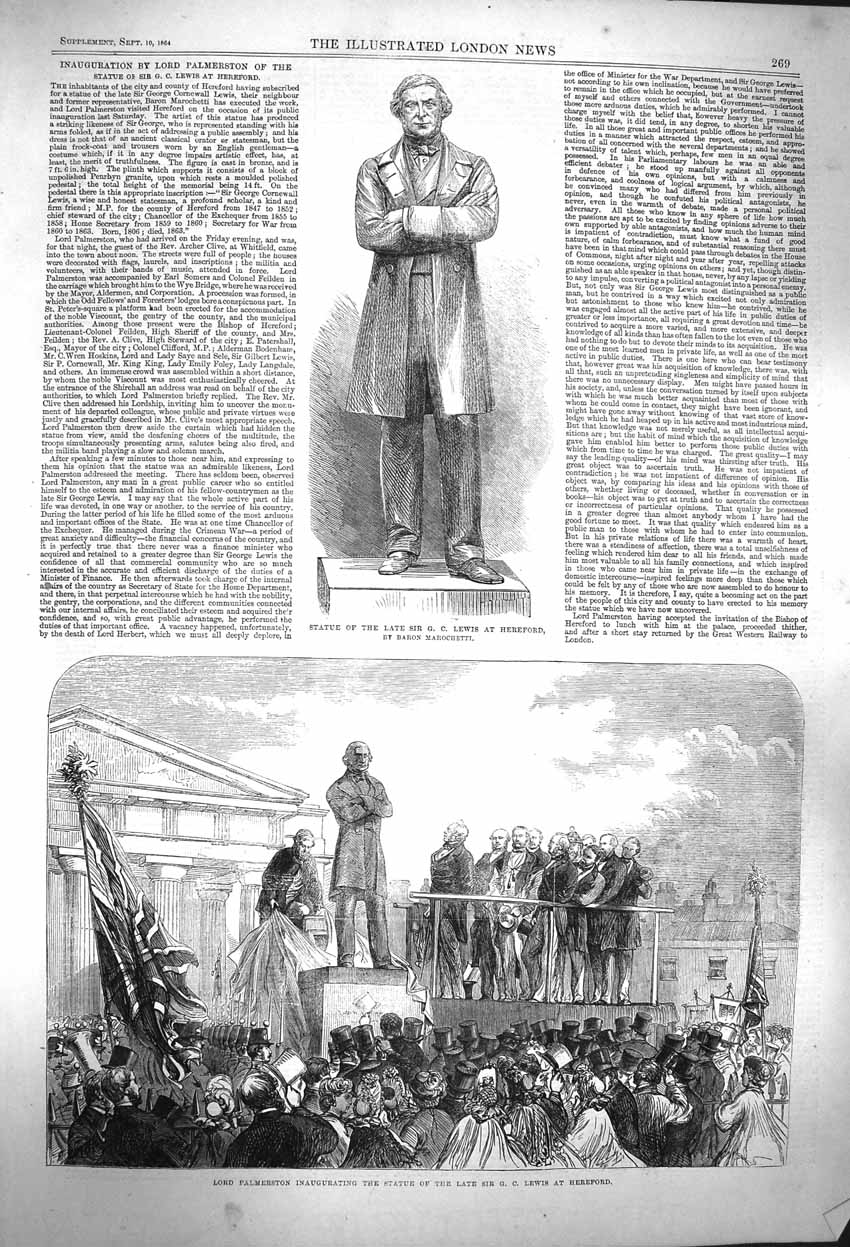 Old Antique Print 1864 Statue Lewis Hereford Lord Palmerston Inaugurating 19th