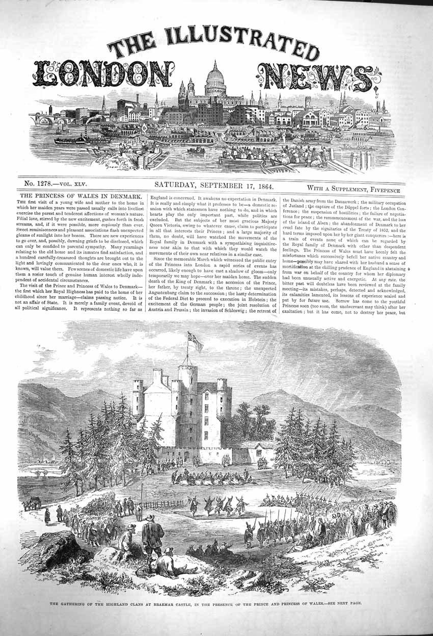 Original Old Antique Print 1864 Highland Clanns Braemar Castle Prince Wales