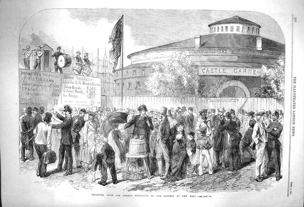 Antique Print *3927 1864 Enlisting Irish German Emigrants Battery New York