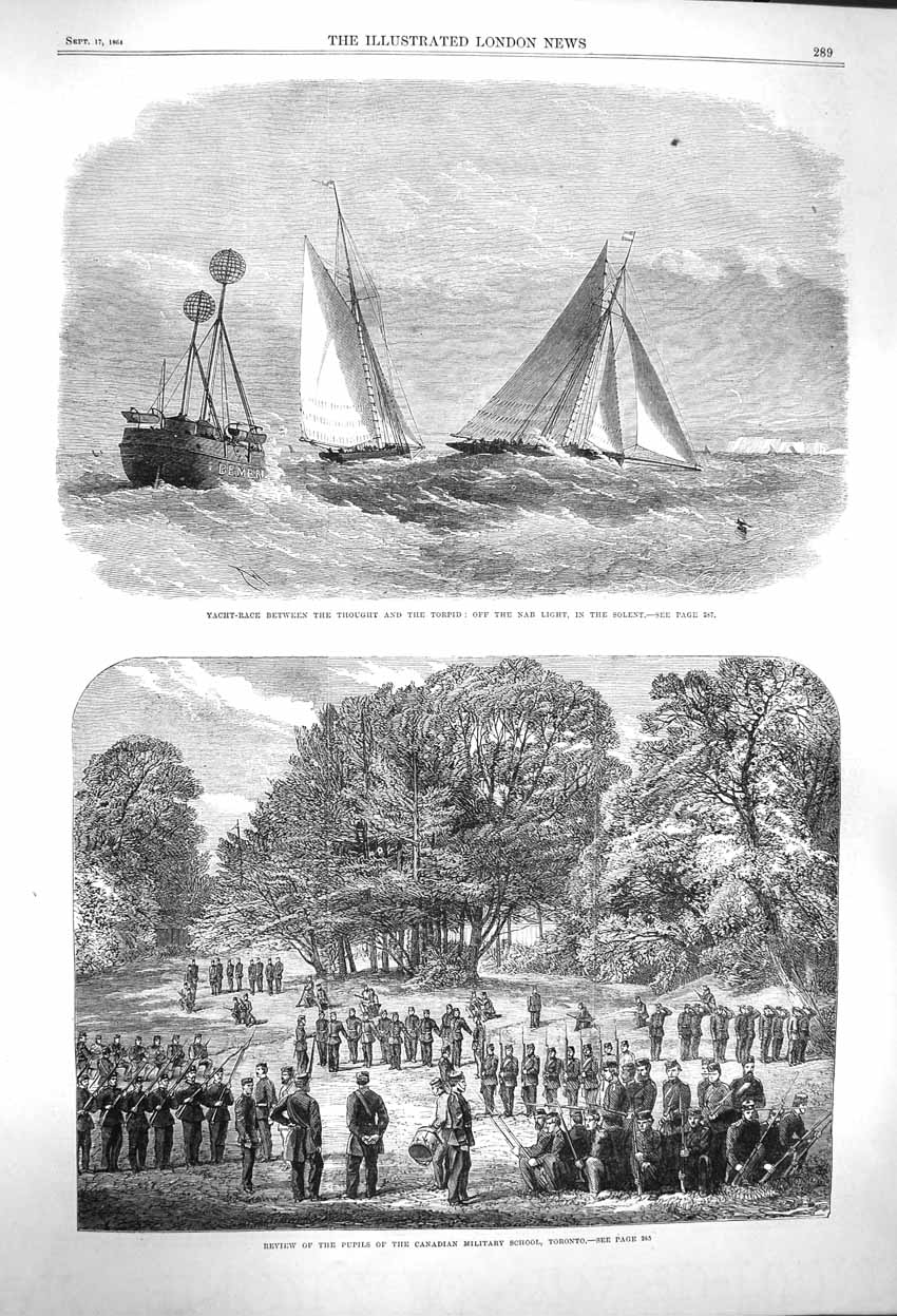 Old Antique Print 1864 Yacht Race Torpid Solent Canadian Military School 19th