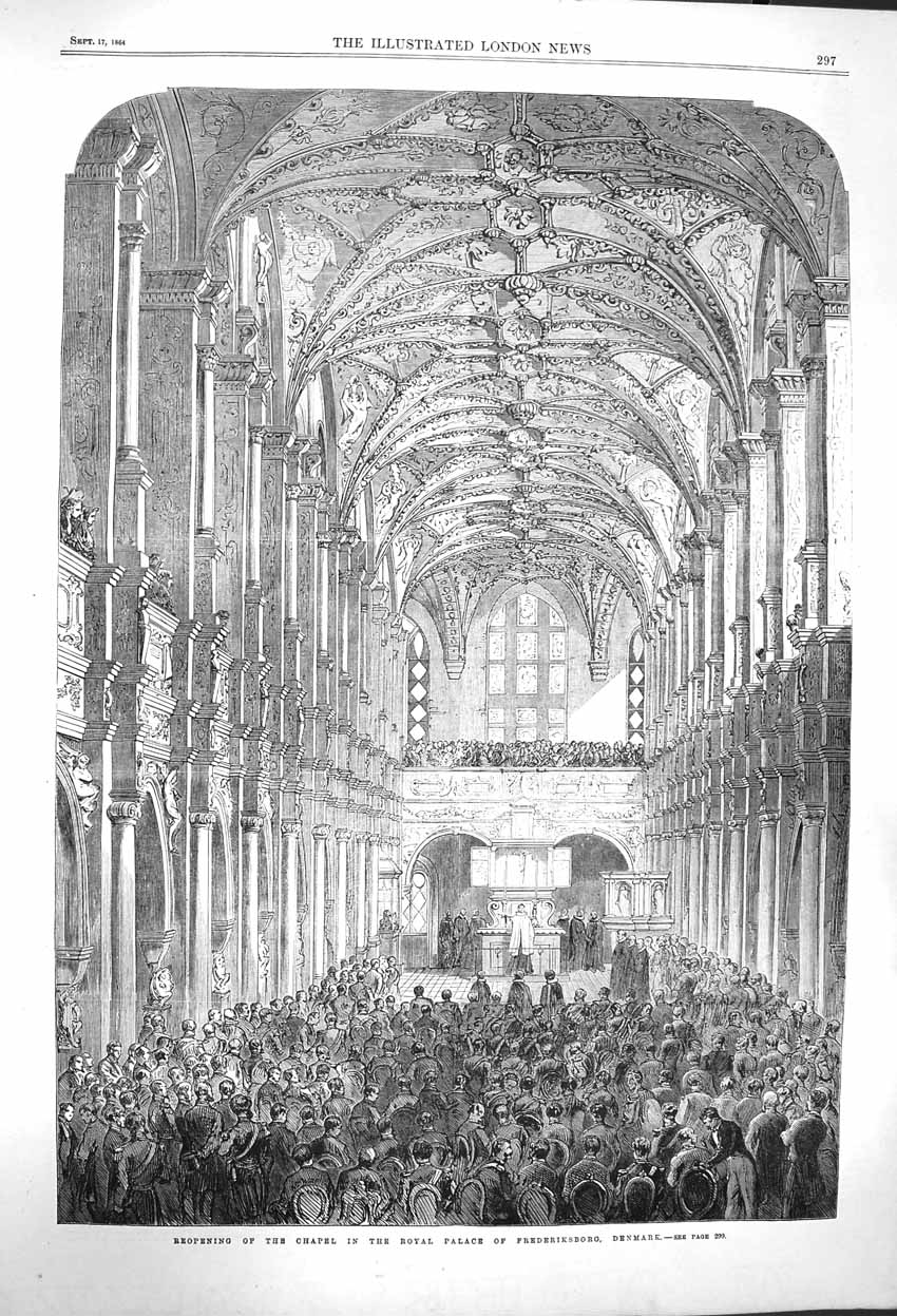 Original Old Antique Print *3928 1864 Chapel Royal Palace Frederiksborg Denmark