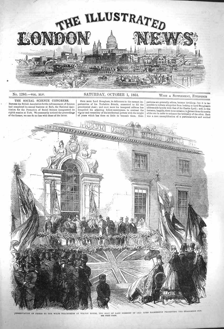 Original Old Antique Print 1864 Wilts Volunteers Wilton House Lord Palmerston