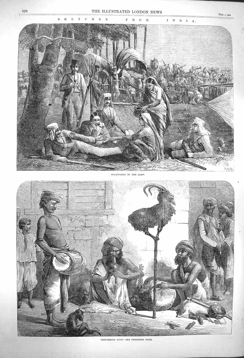 Original Old Antique Print 1864 India Milkwomen Camp Performing Goat Natives