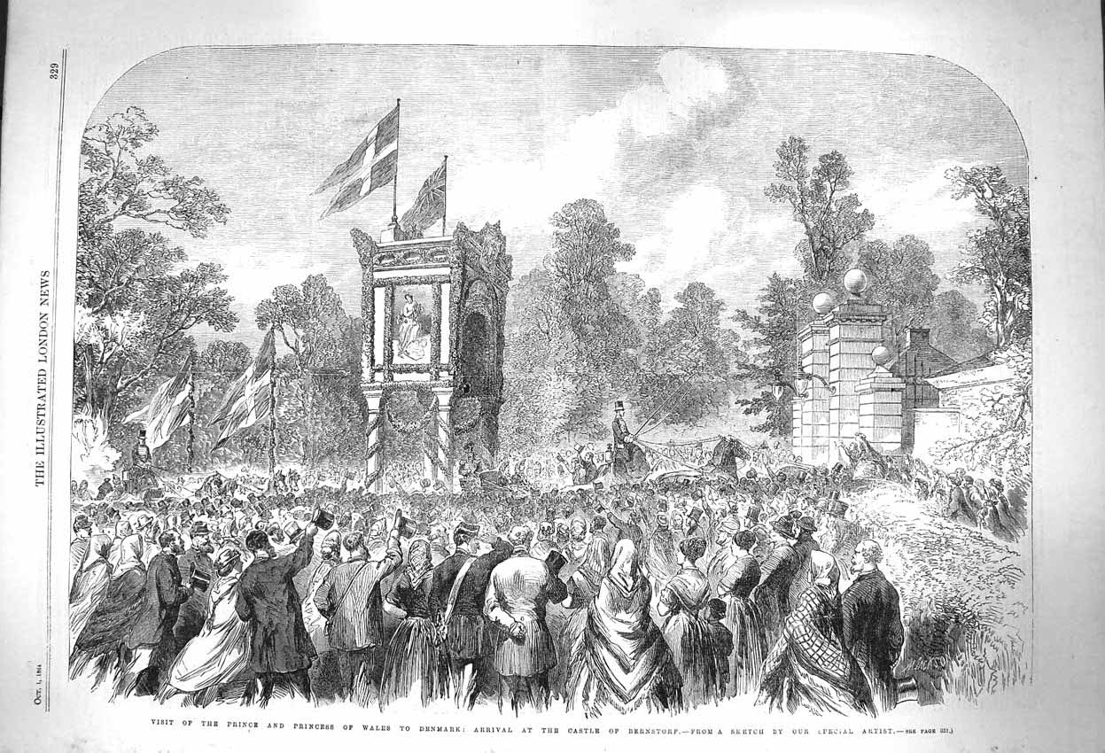 Original Old Antique Print 1864 Prince Wales Denmark Castle Bernstorf Victorian