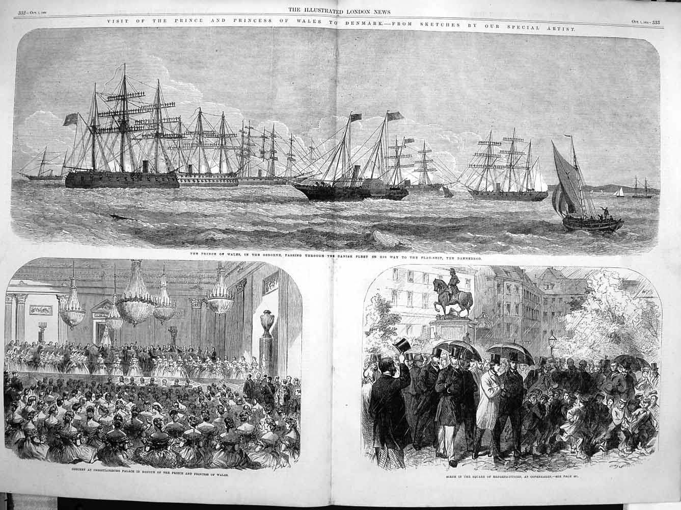 Original Old Antique Print 1864 Prince Wales Denmark Ship Osborne Copenhagen