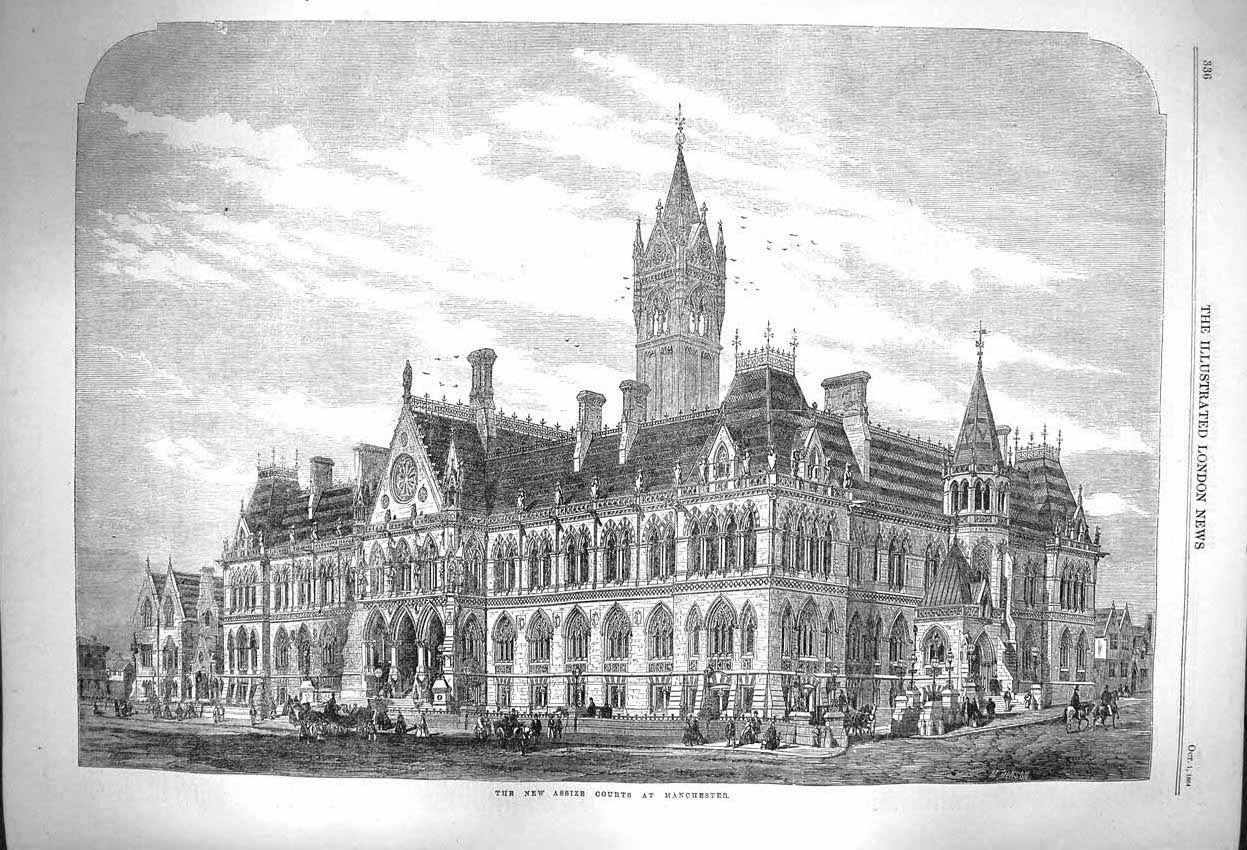 Antique Print *3929 1864 New Assize Courts Manchester England Architecture
