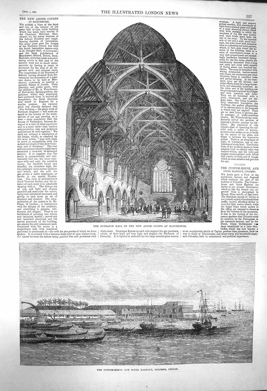 Original Old Antique Print 1864 Assize Court Manchester Custom-House Ceylon