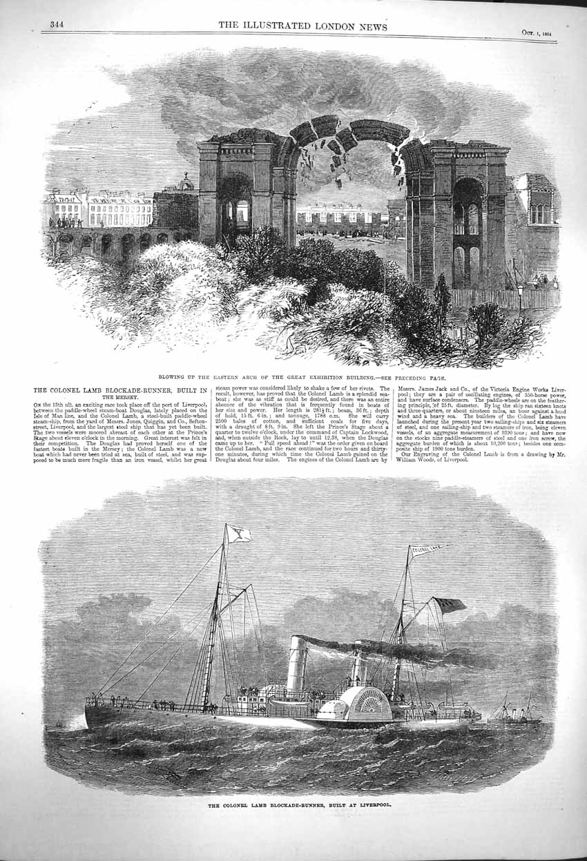 Original Old Antique Print 1864 Colonel Lamb Liverpool Great Exhibition Arch