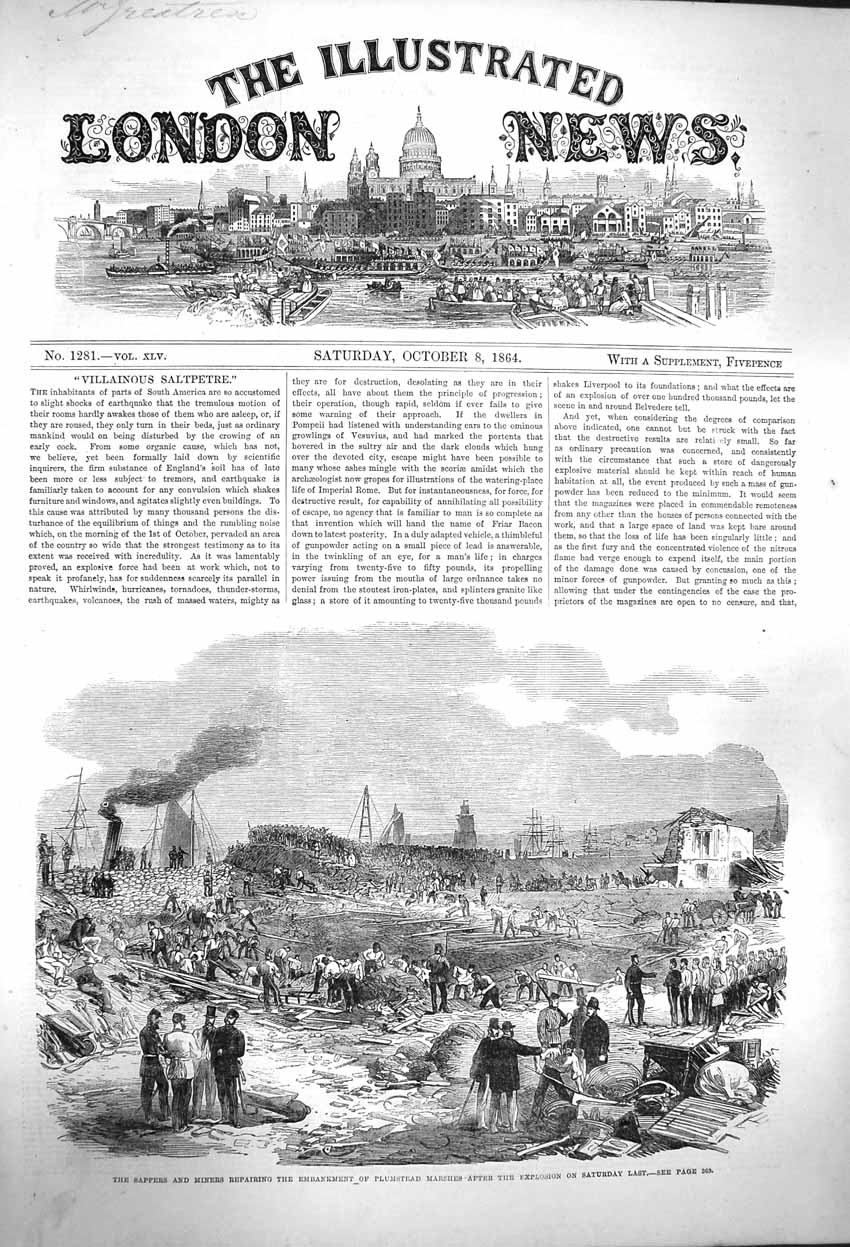 Original Old Antique Print 1864 Sappers Miners Embankment Plumstead Explosion