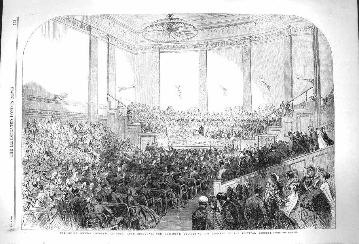 Original Old Antique Print 1864 Social Science Congress Lord Borugham Festival