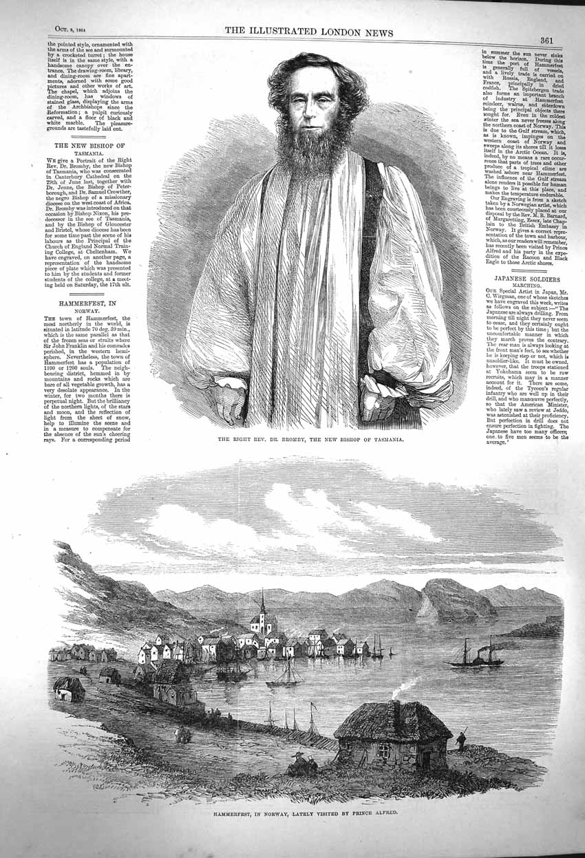 Original Old Antique Print 1864 Rev. Bromby Bishop Tasmania Hammerfest Norway