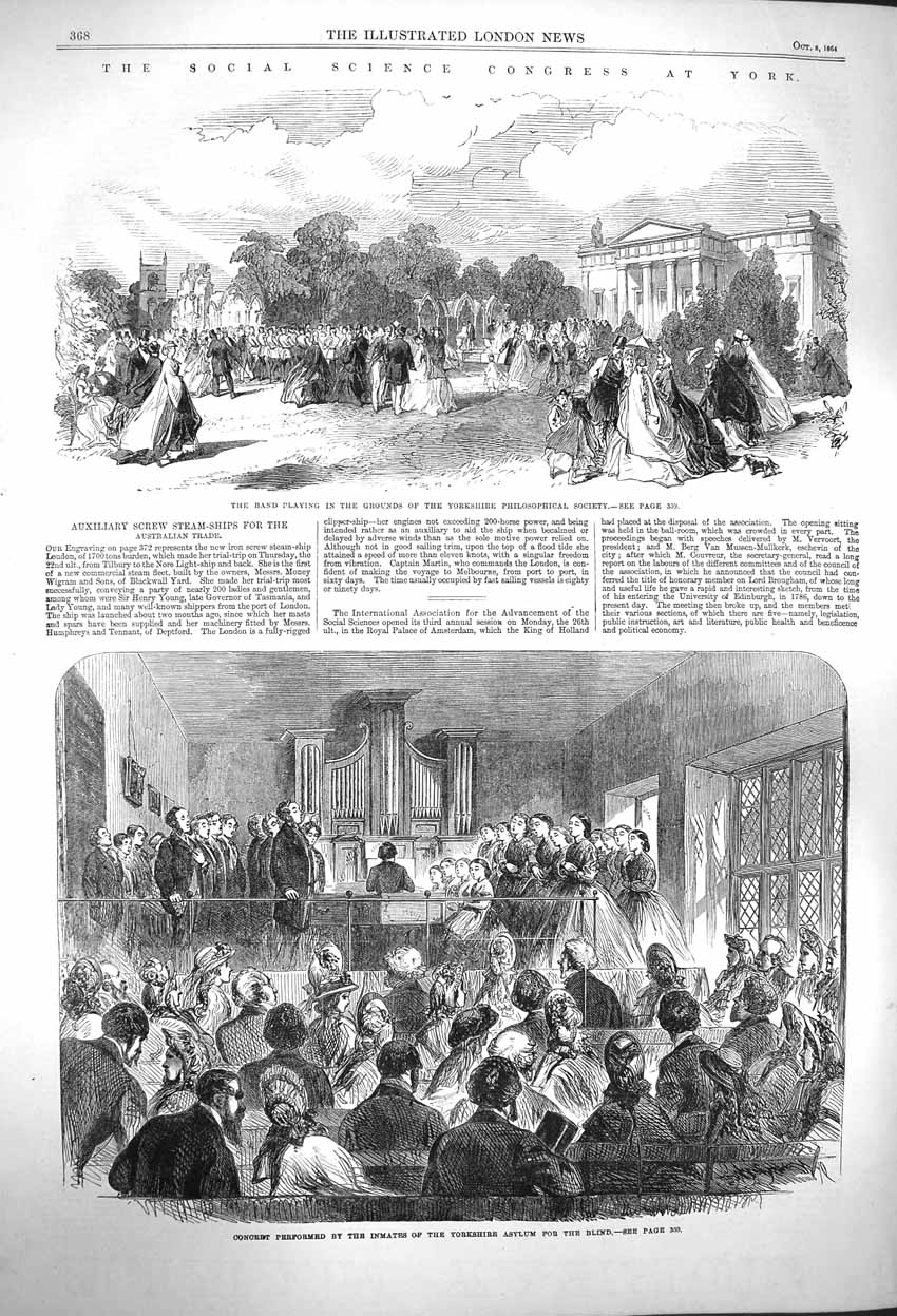Original Old Antique Print 1864 Social Science Congress York Asylum Blind Blake