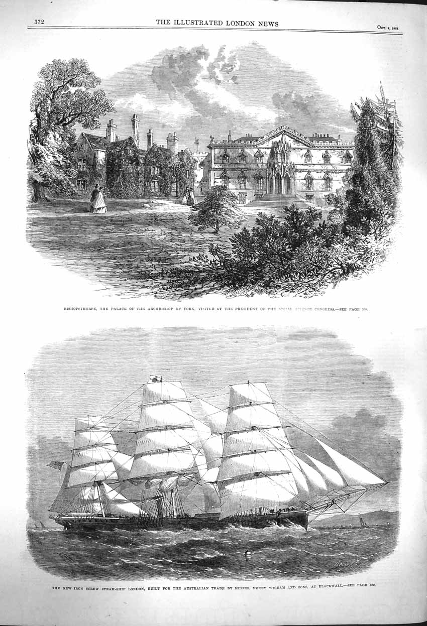 Antique Old Print *3931 1864 Bishopsthorpe Palace Archbishop York Ship London