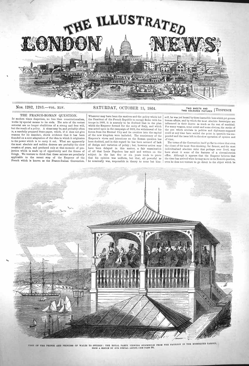 Original Old Antique Print 1864 Prince Wales Sweden Pavilion Mosebacke Garden