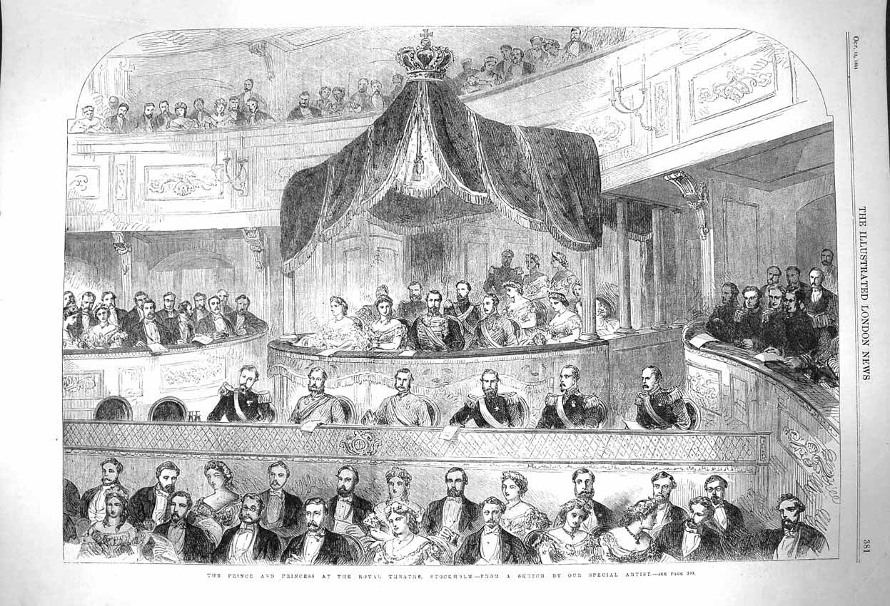 Original Old Antique Print 1864 Prince Princess Royal Theatre Stockholm Sweden