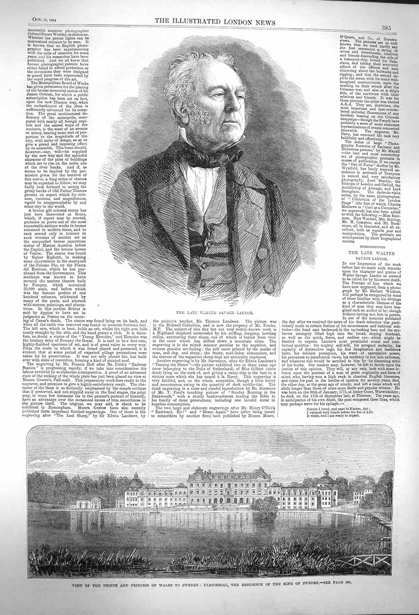 Old Antique Print 1864 Walter Savage Landor Prine Wales Sweden Ulricksdal 19th