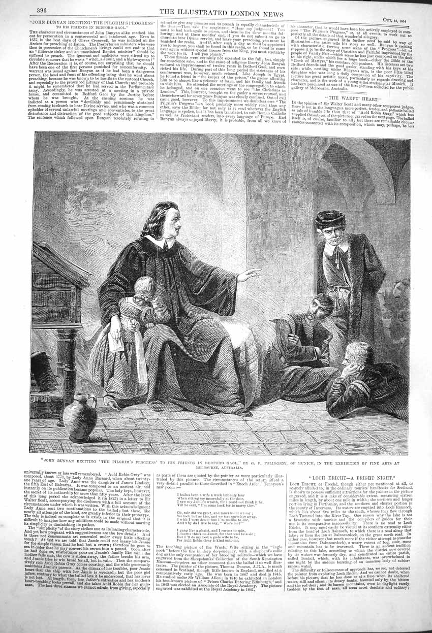 Original Old Antique Print 1864 John Bunyan Pilgrims Progress Bedford Gaol Art