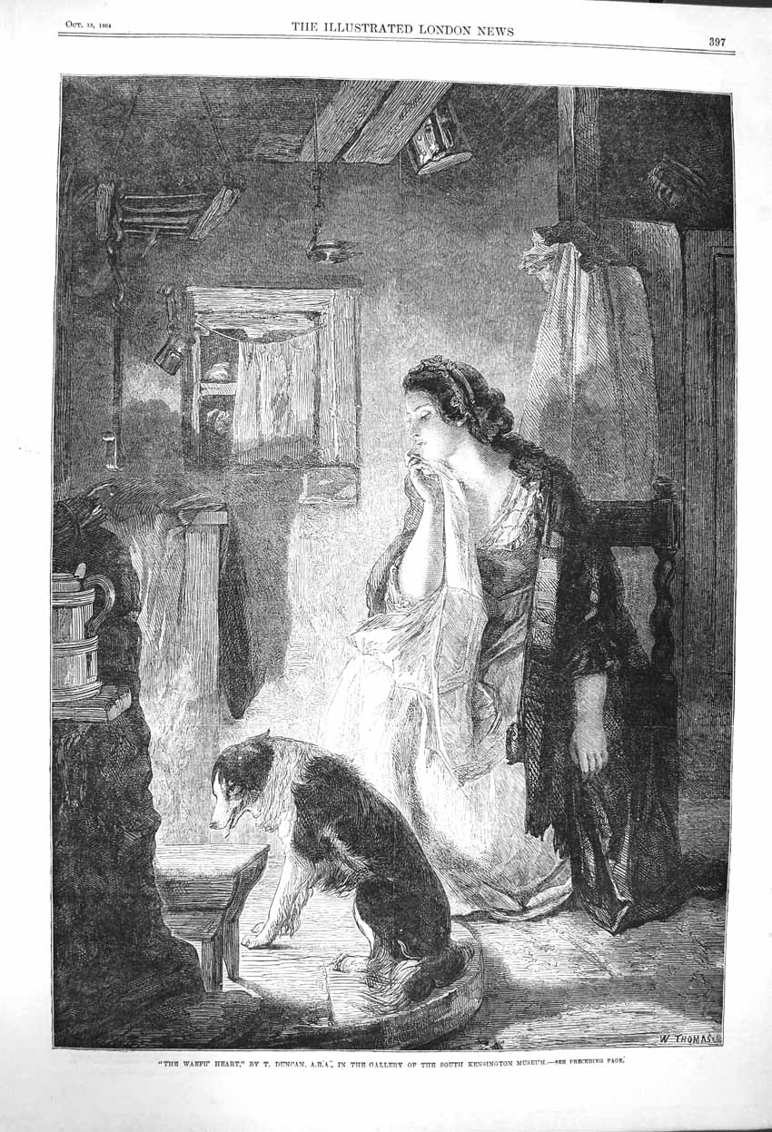 Original Old Antique Print 1864 Waefu Heart Woman Dog Kensington Museum Art
