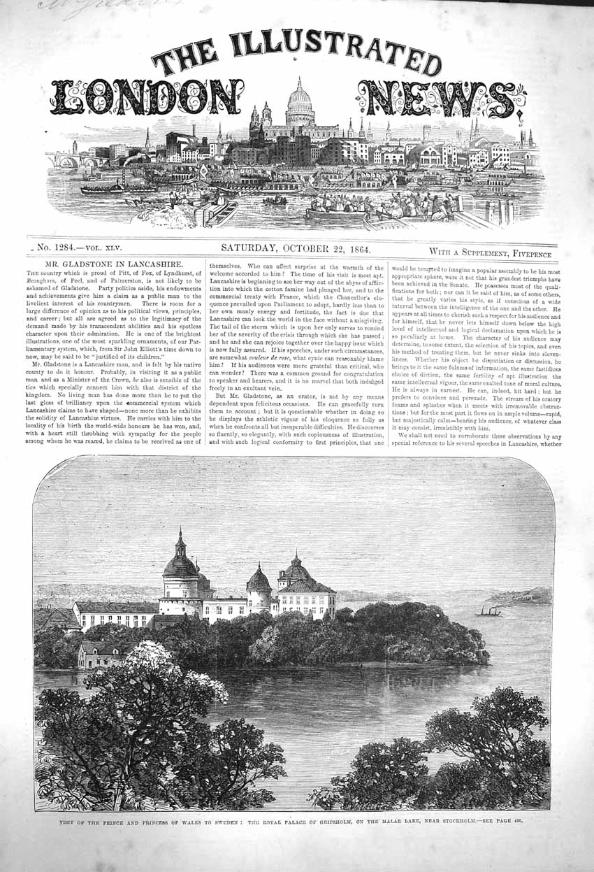 Original Old Antique Print 1864 Prince Wales Sweden Palace Gripsholm Malar Lake
