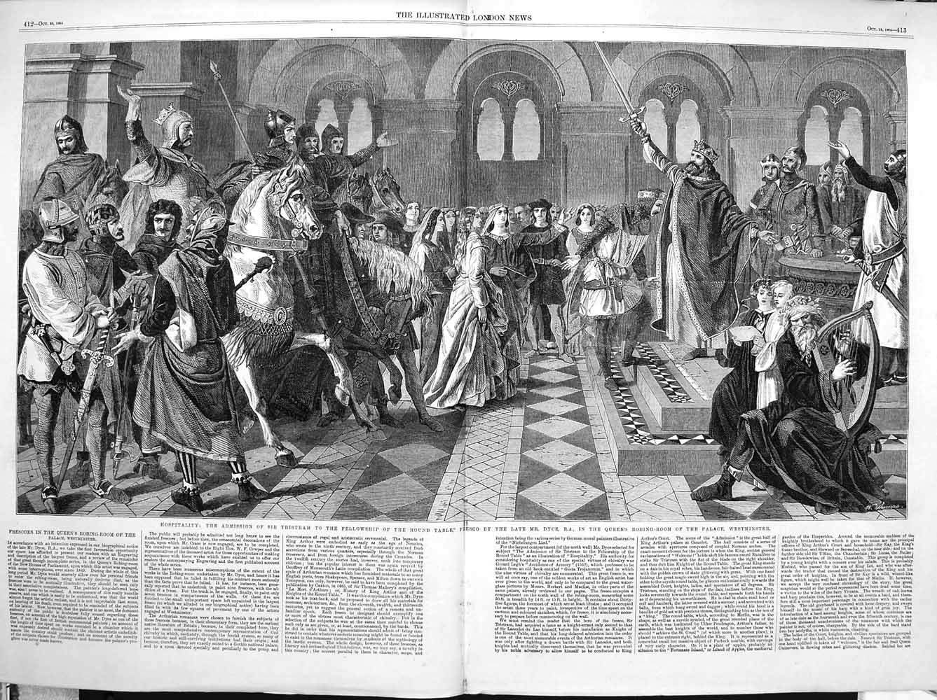 Original Old Antique Print 1864 Tristram Round Table Queen Robing Westminster