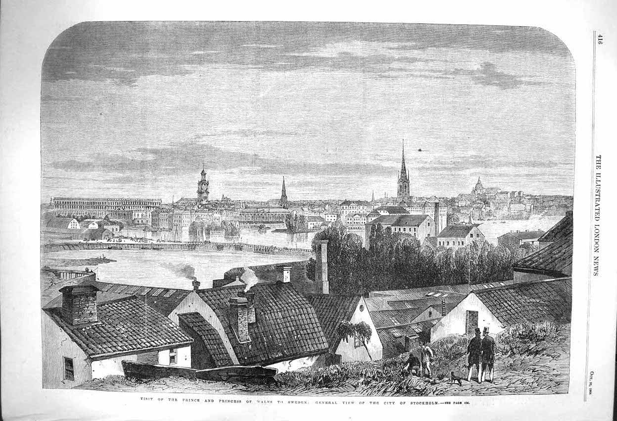Antique Old Print *3932 1864 Prince Princess Wales Sweden View City Stockholm